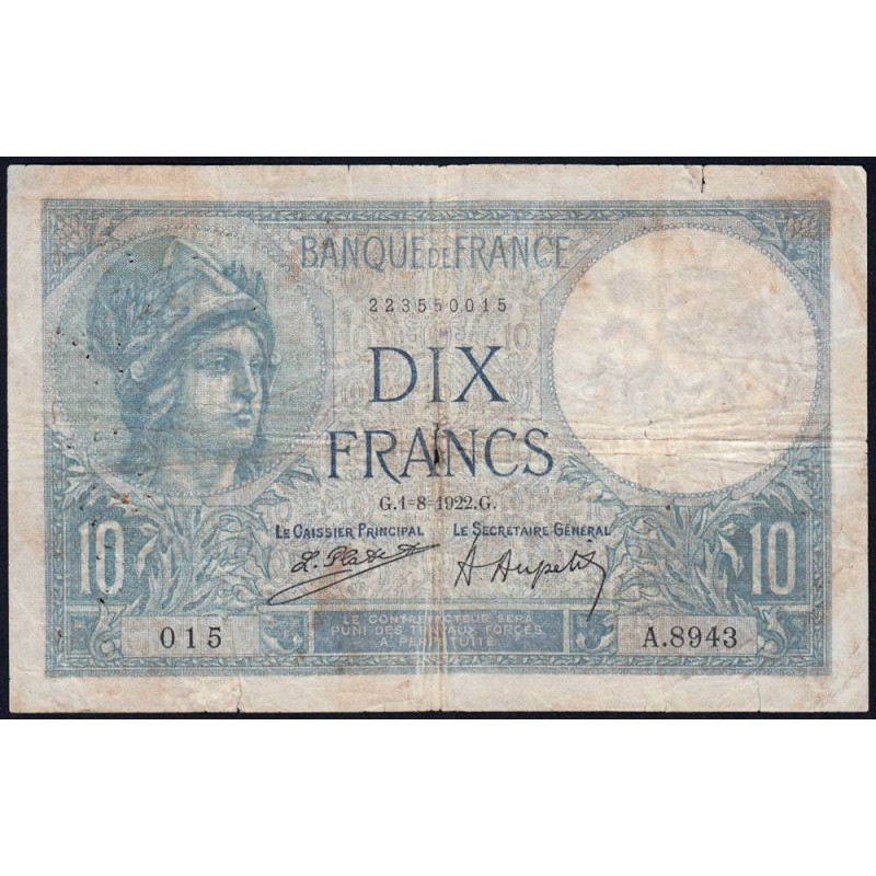 F 06-06 - 01/08/1922 - 10 francs - Minerve - Série A.8943 - Etat : TB-