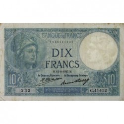 F 06-12a - 12/08/1927 - 10 francs - Minerve - Série G.41412 - Etat : TTB-