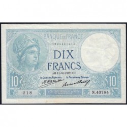 F 06-12a - 11/10/1927 - 10 francs - Minerve - Série N.43784 - Etat : TTB