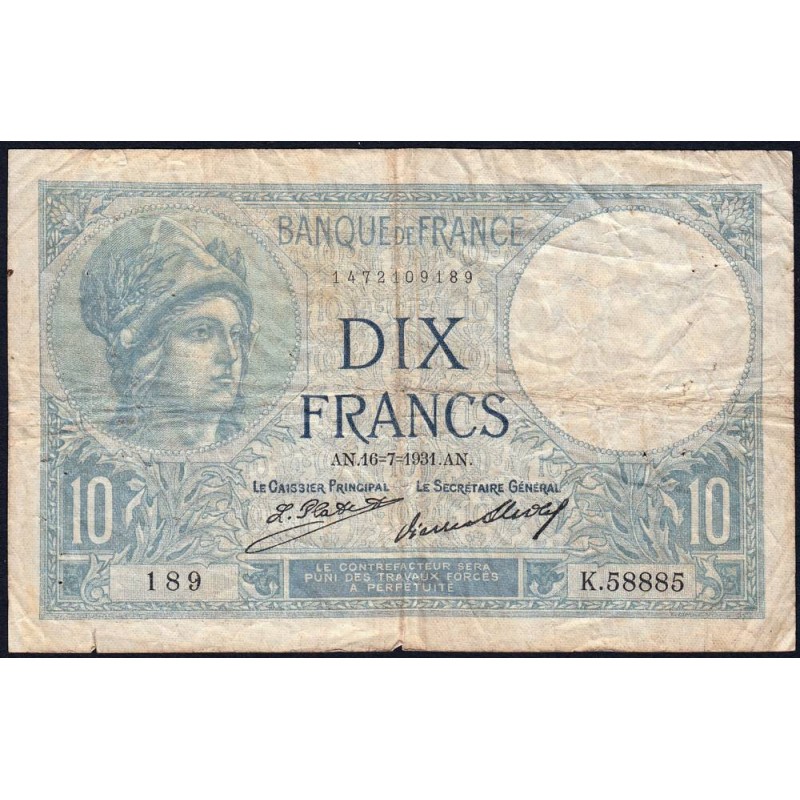F 06-15 - 16/07/1931 - 10 francs - Minerve - Série K.58885 - Etat : TB-