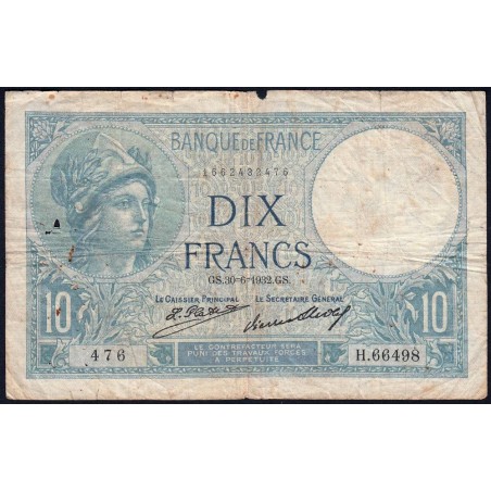 F 06-16 - 30/06/1932 - 10 francs - Minerve - Série H.66498 - Etat : TB-