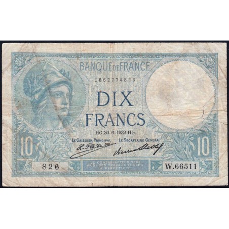 F 06-16 - 30/06/1932 - 10 francs - Minerve - Série W.66511 - Remplacement - Etat : B+