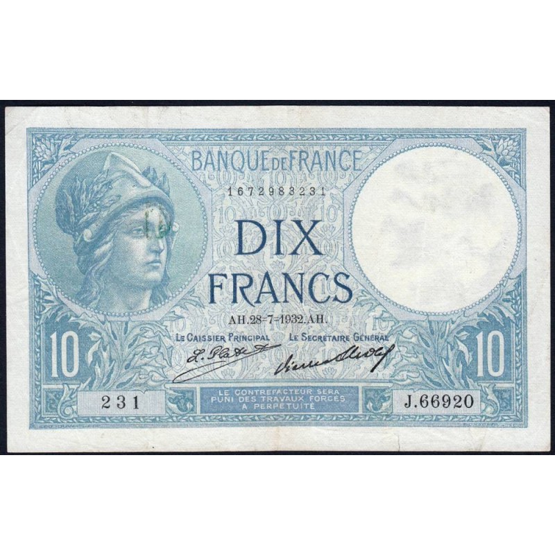 F 06-16 - 28/07/1932 - 10 francs - Minerve - Série J.66920 - Etat : TTB
