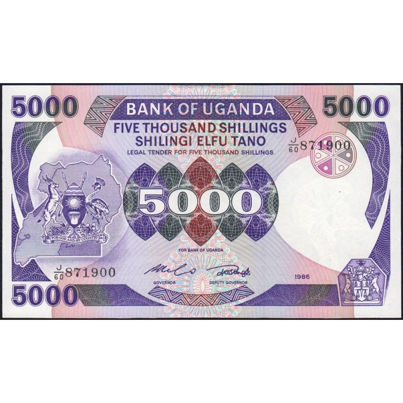 Ouganda - Pick 24b - 5'000 shillings - Série J/60 - 1986 - Etat : NEUF