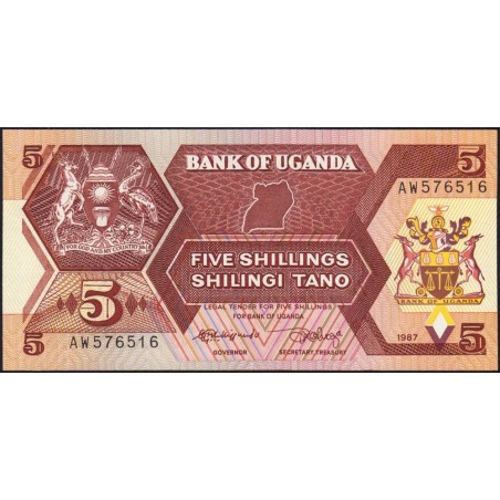 Ouganda - Pick 27 - 5 shillings - Série AW - 1987 - Etat : NEUF