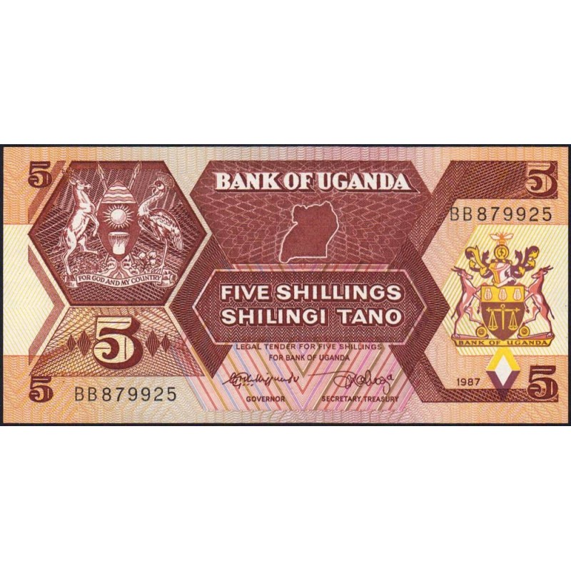 Ouganda - Pick 27 - 5 shillings - Série BB - 1987 - Etat : NEUF