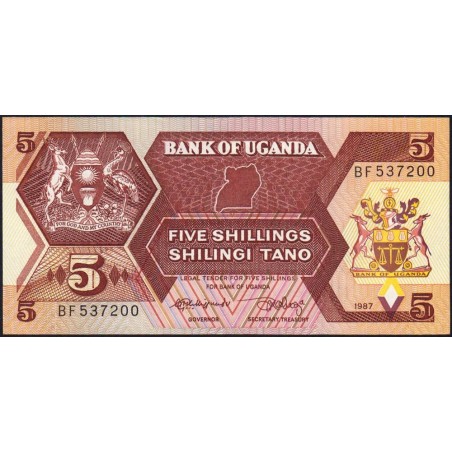 Ouganda - Pick 27 - 5 shillings - Série BF - 1987 - Etat : NEUF