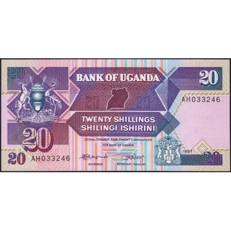 Ouganda - Pick 29a - 20 shillings - Série AH - 1987 - Etat : NEUF