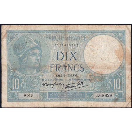 F 07-01 - 02/02/1939 - 10 francs - Minerve modifié - Série J.68628 - Etat : B