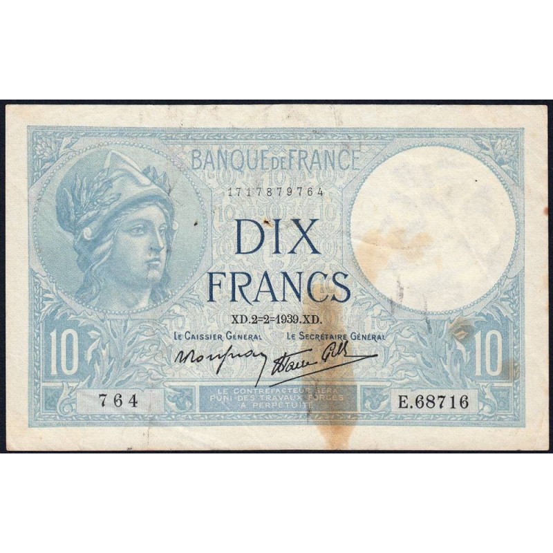 F 07-01 - 02/02/1939 - 10 francs - Minerve modifié - Série E.68716 - Etat : TB-