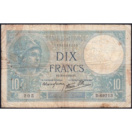 F 07-02 - 06/04/1939 - 10 francs - Minerve modifié - Série D.69213 - Etat : TB-