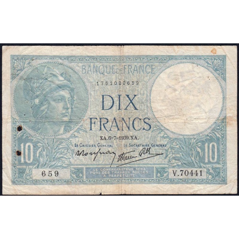 F 07-04 - 06/07/1939 - 10 francs - Minerve modifié - Série V.70441 - Etat : TB-