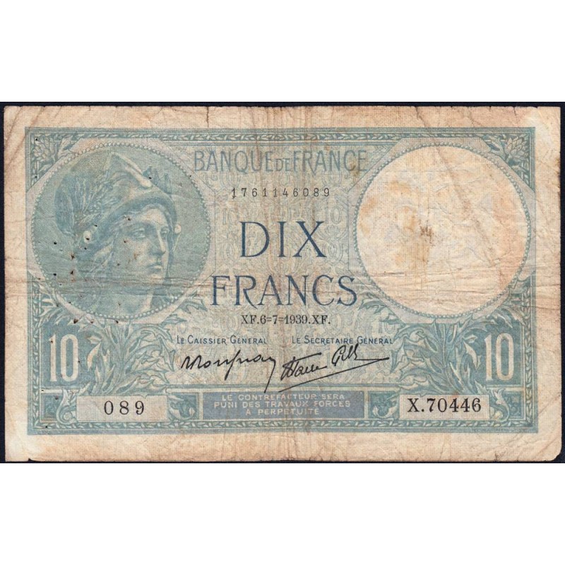 F 07-04 - 06/07/1939 - 10 francs - Minerve modifié - Série X.70446 - Etat : B