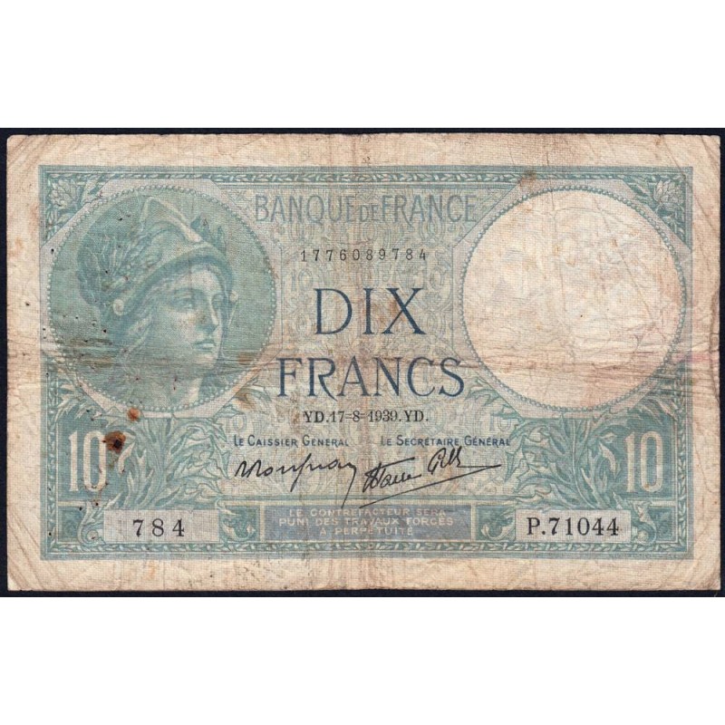 F 07-05 - 17/08/1939 - 10 francs - Minerve modifié - Série P.71044 - Etat : B+