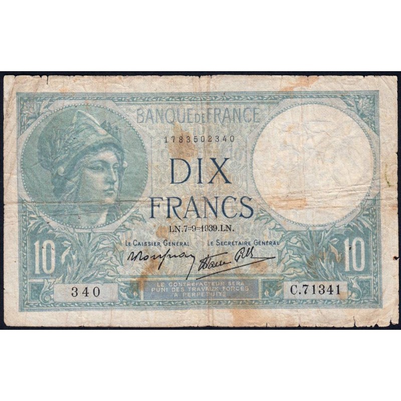 F 07-06 - 07/09/1939 - 10 francs - Minerve modifié - Série C.71341 - Etat : B