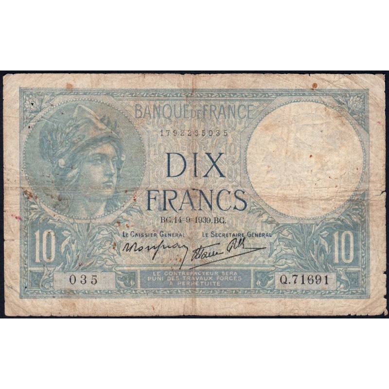 F 07-07 - 14/09/1939 - 10 francs - Minerve modifié - Série Q.71691 - Etat : TB-