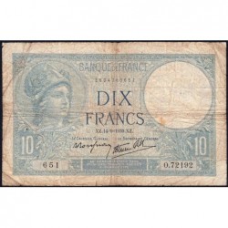 F 07-07 - 14/09/1939 - 10 francs - Minerve modifié - Série O.72192 - Etat : B