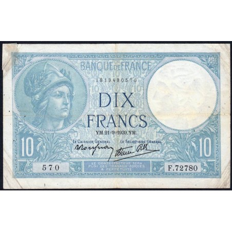 F 07-08 - 21/09/1939 - 10 francs - Minerve modifié - Série F.72780 - Etat : B