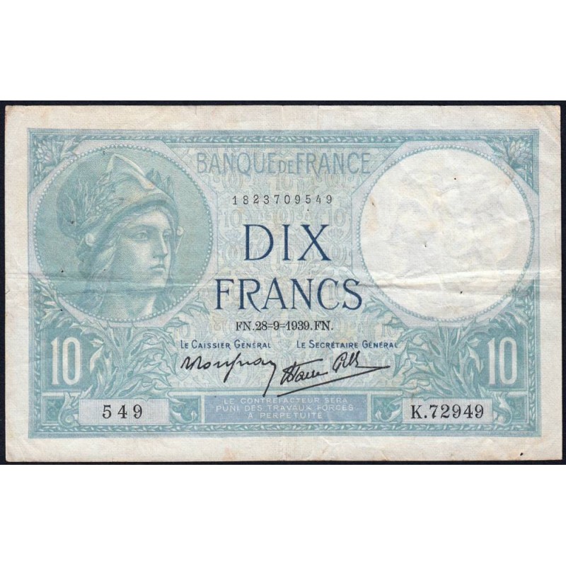 F 07-09 - 28/09/1939 - 10 francs - Minerve modifié - Série K.72949 - Etat : TTB
