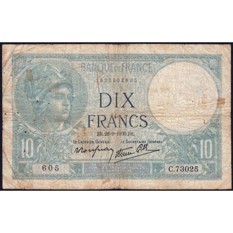 F 07-09 - 28/09/1939 - 10 francs - Minerve modifié - Série C.73025 - Etat : TB-