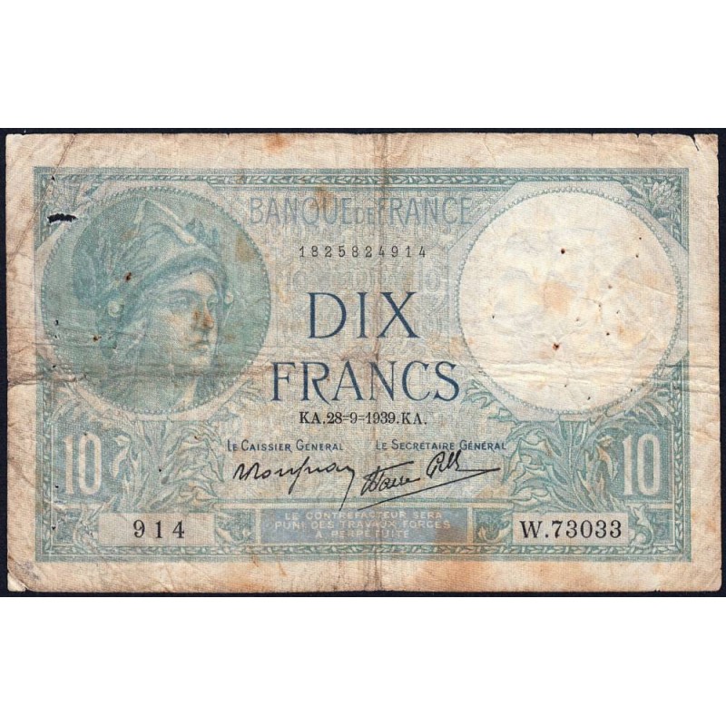 F 07-09 - 28/09/1939 - 10 francs - Minerve modifié - Série W.73033 - Remplacement - Etat : B