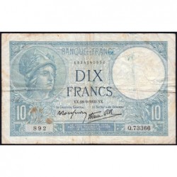 F 07-09 - 28/09/1939 - 10 francs - Minerve modifié - Série Q.73366 - Etat : TB