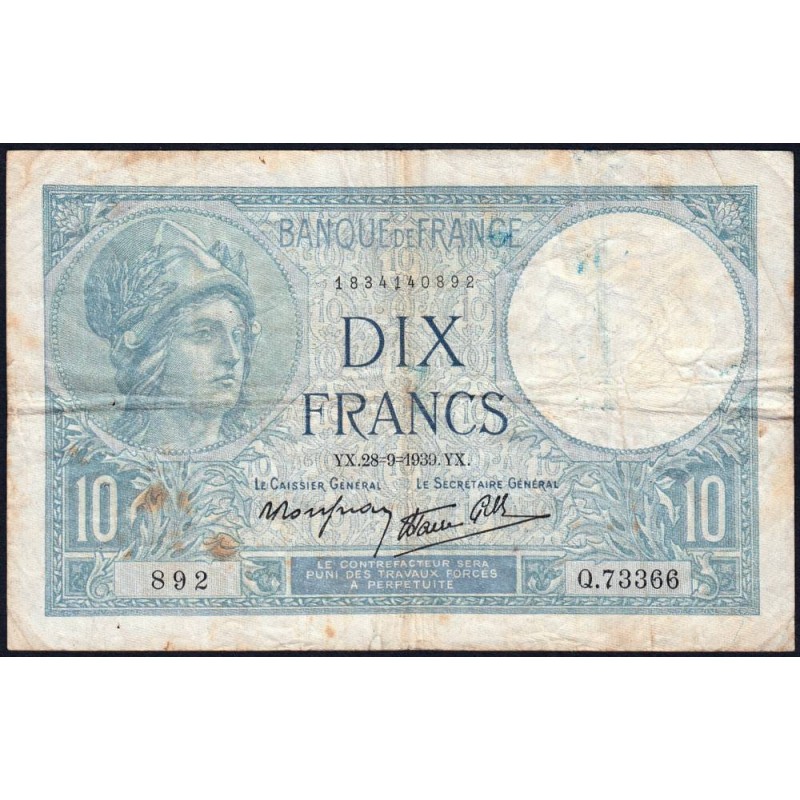 F 07-09 - 28/09/1939 - 10 francs - Minerve modifié - Série Q.73366 - Etat : TB