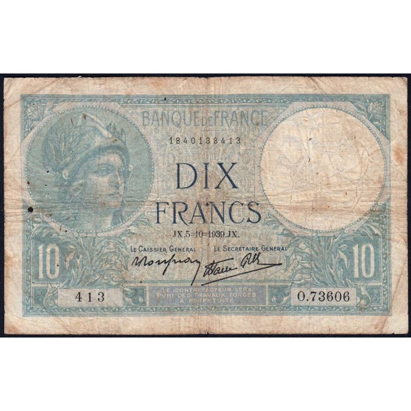 F 07-10 - 05/10/1939 - 10 francs - Minerve modifié - Série O.73606 - Etat : B+