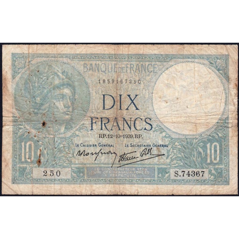 F 07-11 - 12/10/1939 - 10 francs - Minerve modifié - Série S.74367 - Etat : B