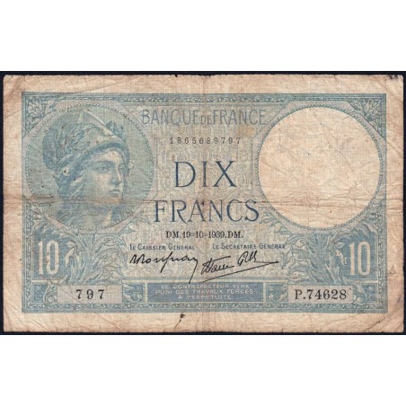 F 07-12 - 19/10/1939 - 10 francs - Minerve modifié - Série P.74628 - Etat : B