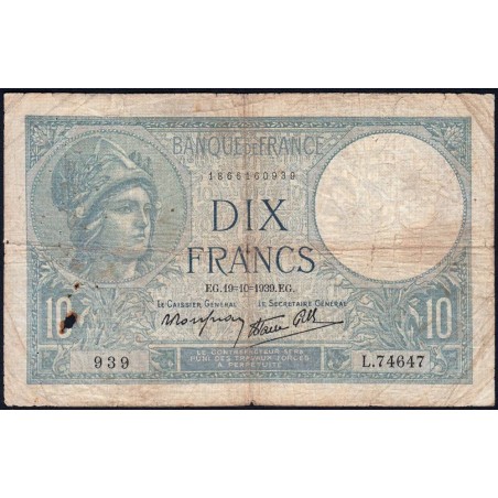 F 07-12 - 19/10/1939 - 10 francs - Minerve modifié - Série L.74647 - Etat : B