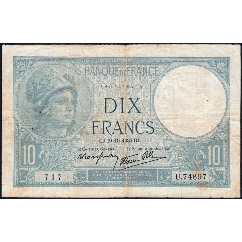 F 07-12 - 19/10/1939 - 10 francs - Minerve modifié - Série U.74697 - Etat : TB+