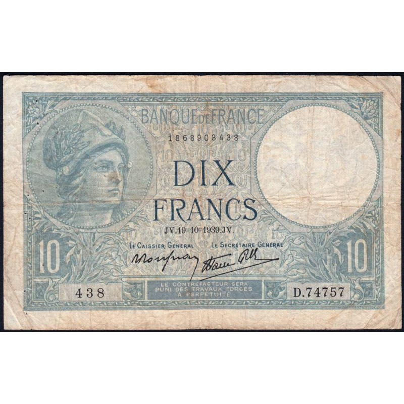 F 07-12 - 19/10/1939 - 10 francs - Minerve modifié - Série D.74757 - Etat : TB-