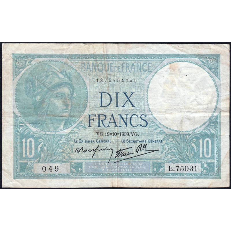 F 07-12 - 19/10/1939 - 10 francs - Minerve modifié - Série E.75031 - Etat : TB+