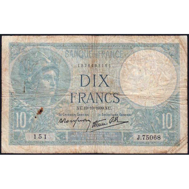 F 07-12 - 19/10/1939 - 10 francs - Minerve modifié - Série J.75068 - Etat : B