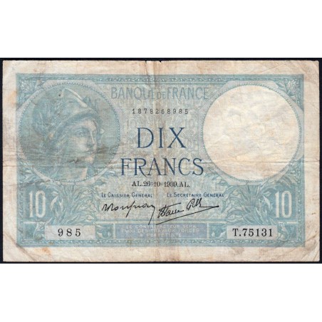 F 07-13 - 26/10/1939 - 10 francs - Minerve modifié - Série T.75131 - Etat : TB-