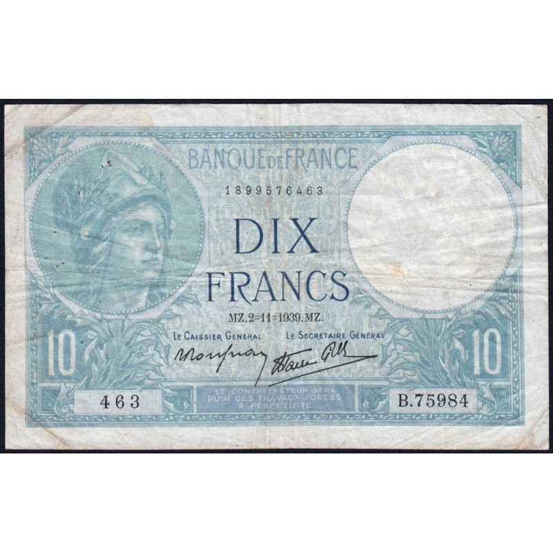 F 07-14 - 02/11/1939 - 10 francs - Minerve modifié - Série B.75984 - Etat : TB+