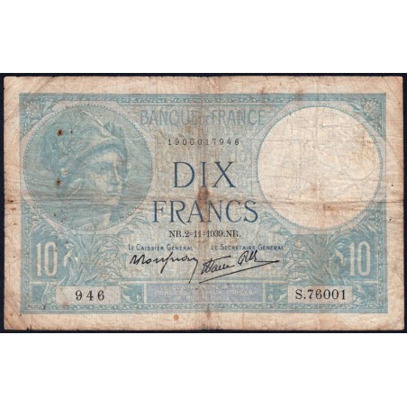 F 07-14 - 02/11/1939 - 10 francs - Minerve modifié - Série S.76001 - Etat : B