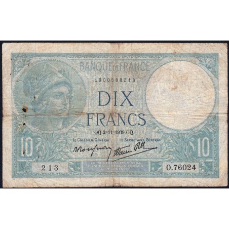 F 07-14 - 02/11/1939 - 10 francs - Minerve modifié - Série O.76024 - Etat : TB-