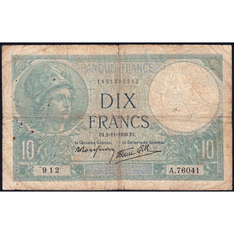 F 07-14 - 02/11/1939 - 10 francs - Minerve modifié - Série A.76041 - Etat : B