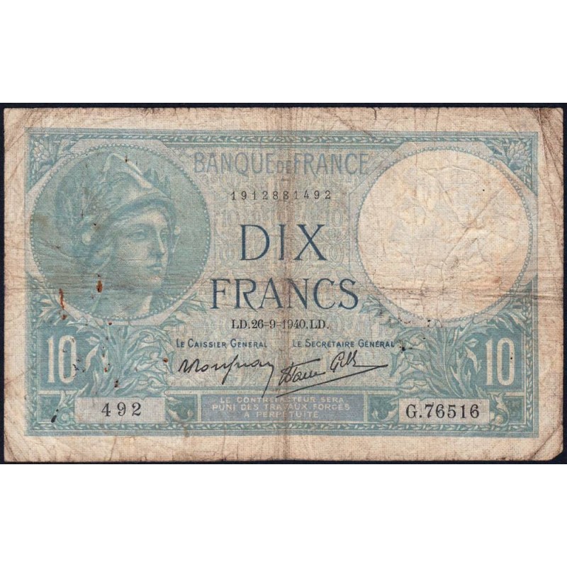 F 07-15 - 26/09/1940 - 10 francs - Minerve modifié - Série G.76516 - Etat : B