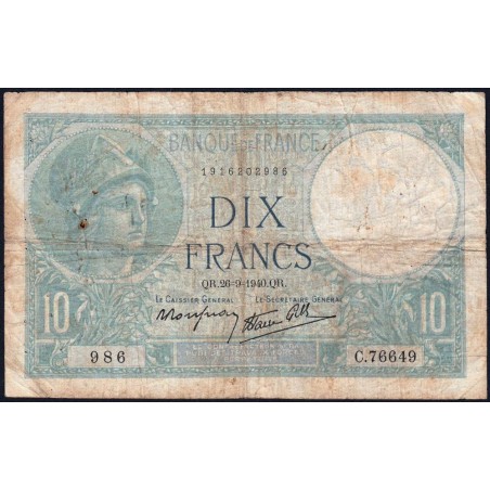 F 07-15 - 26/09/1940 - 10 francs - Minerve modifié - Série C.76649 - Etat : B