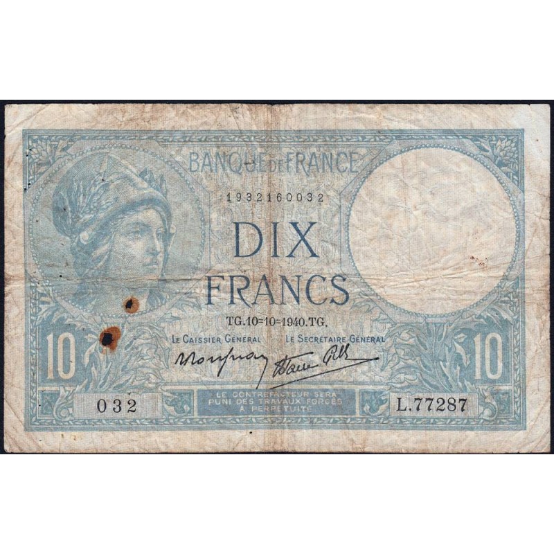 F 07-16 - 10/10/1940 - 10 francs - Minerve modifié - Série L.77287 - Etat : B