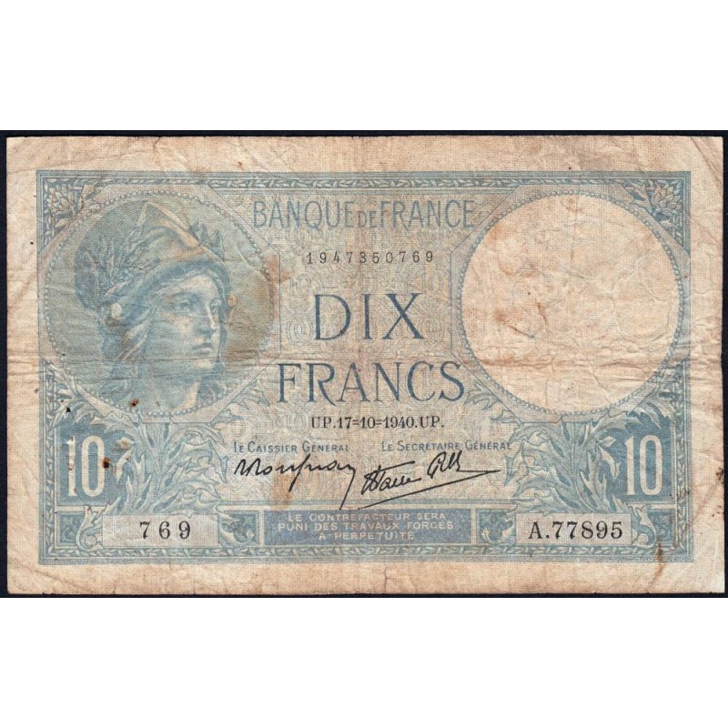 F 07-17 - 17/10/1940 - 10 francs - Minerve modifié - Série A.77895 - Etat : B