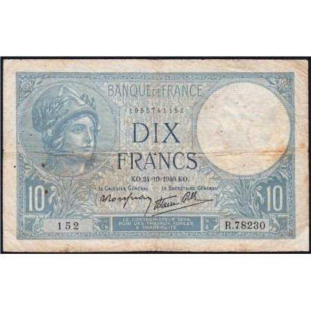 F 07-18 - 24/10/1940 - 10 francs - Minerve modifié - Série R.78230 - Etat : TB-