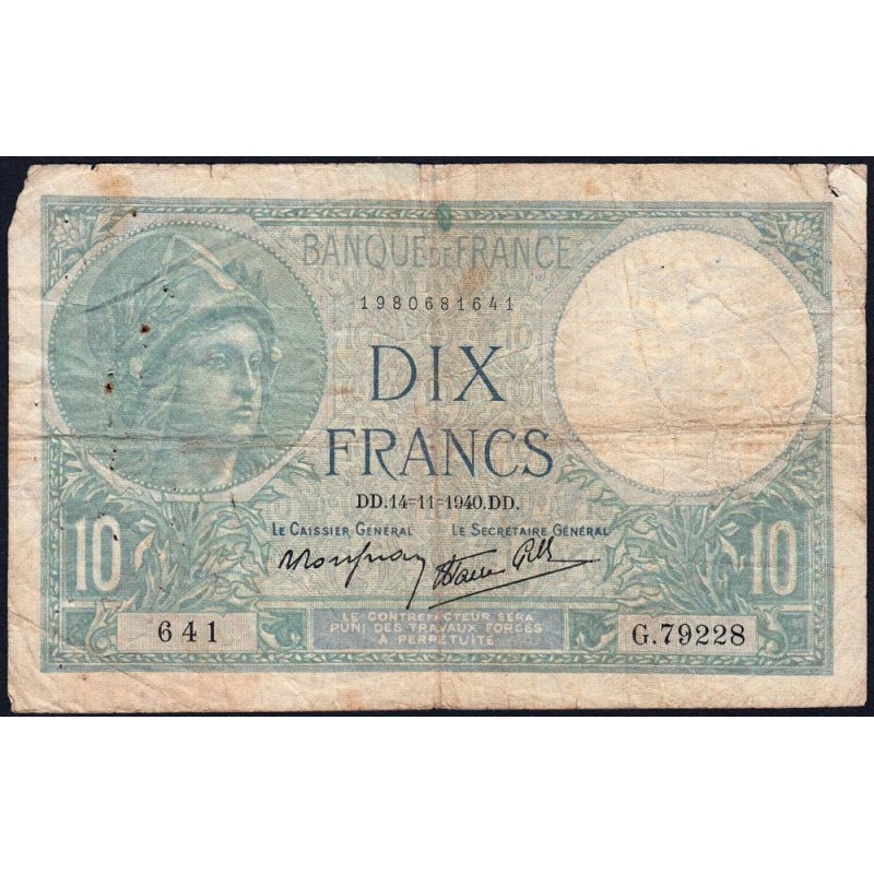 F 07-20 - 14/11/1940 - 10 francs - Minerve modifié - Série G.79228 - Etat : B