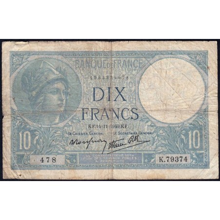 F 07-20 - 14/11/1940 - 10 francs - Minerve modifié - Série K.79374 - Etat : B+