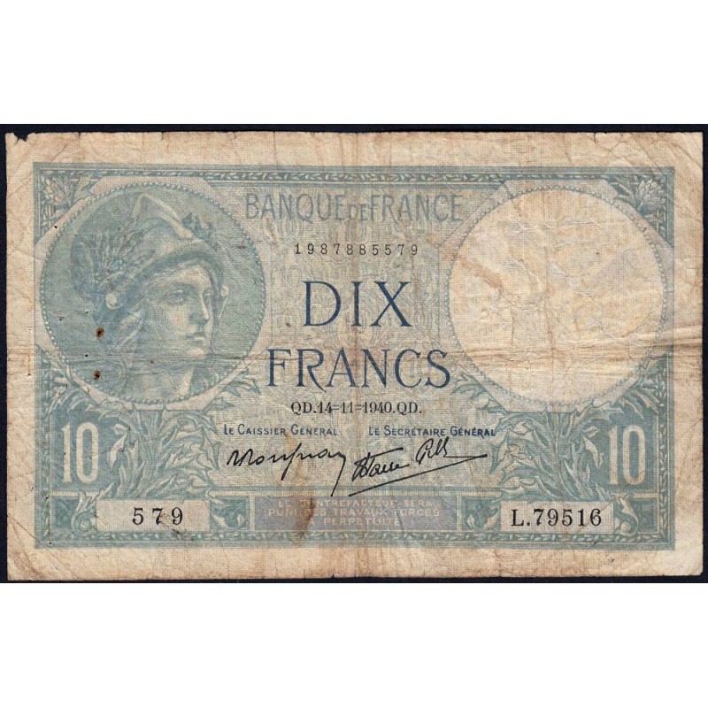 F 07-20 - 14/11/1940 - 10 francs - Minerve modifié - Série L.79516 - Etat : B