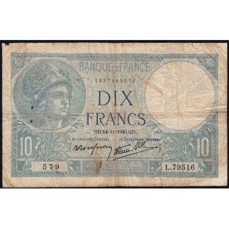 F 07-20 - 14/11/1940 - 10 francs - Minerve modifié - Série L.79516 - Etat : B