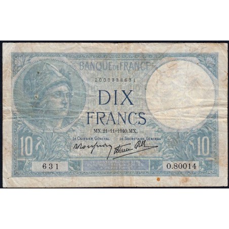 F 07-21 - 21/11/1940 - 10 francs - Minerve modifié - Série O.80014 - Etat : TB-